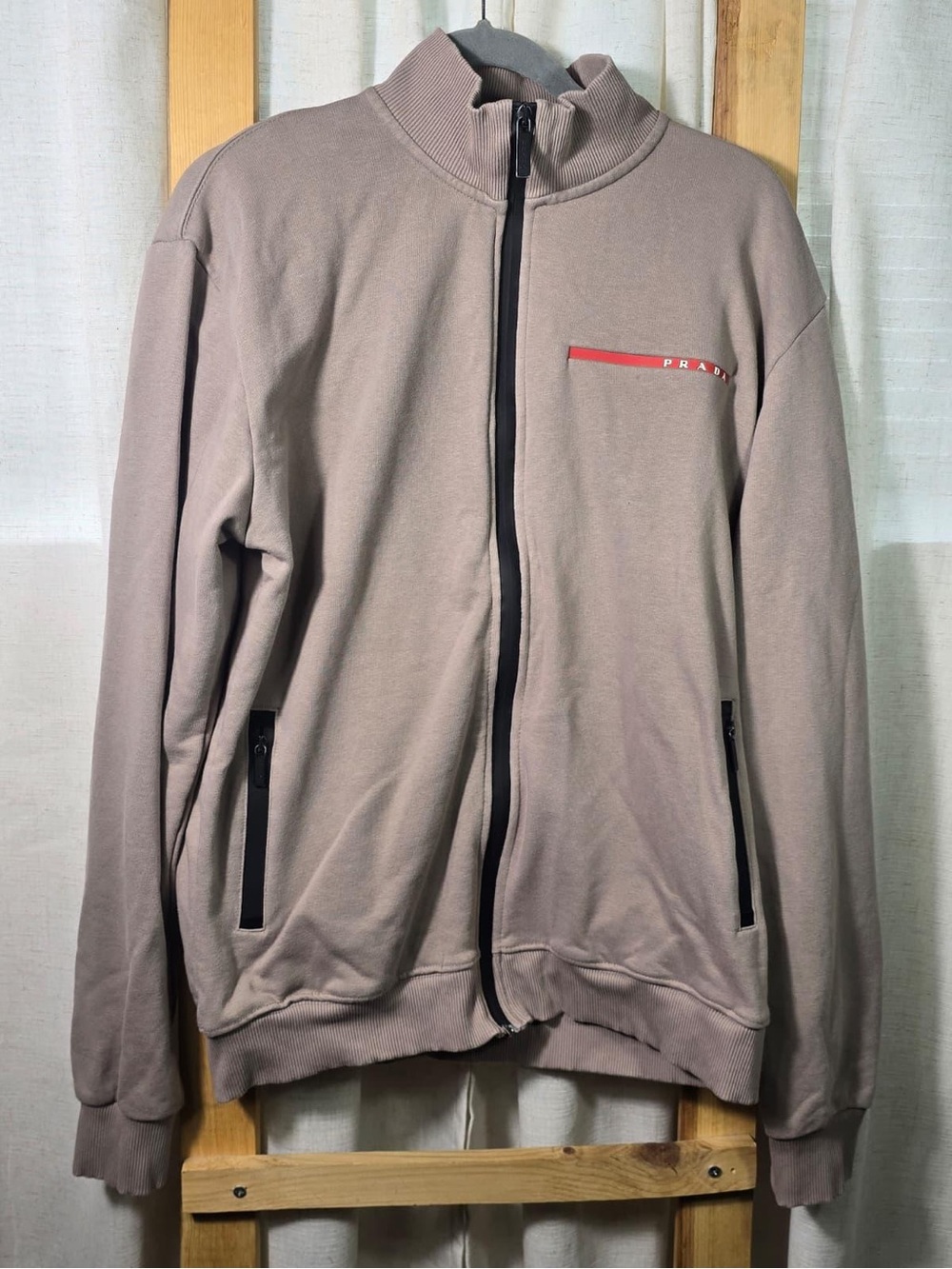 Prada Men's Taupe Full-Zip Sweater Jacket with Red Logo Detail